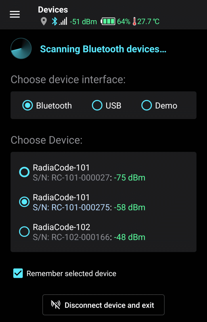 Device selection dialog within the app